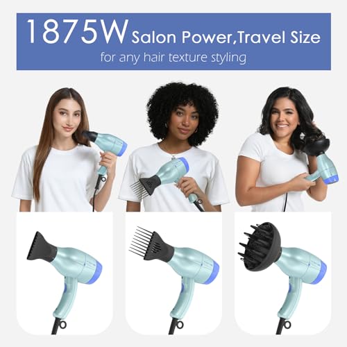 TOME 1875W Ionic Hair Dryer with Diffuser Set - Blue - 3 Attachments, Home Use