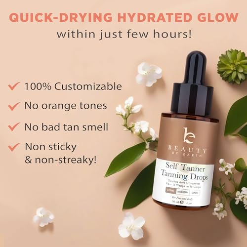 Self Tanning Drops & Kabuki Face Brush - Made with Natural and Organic Ingredients, Light Face Tanning Drops to Add to Lotion, Moisturizing Bronzing Drops for Face & Body, Toxin Free Face Tanner