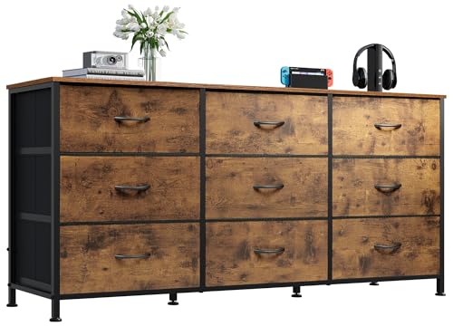 Rustic Brown 55 Inch TV Dresser with 9 Detachable Fabric Drawers and Wood Top - Ample Storage