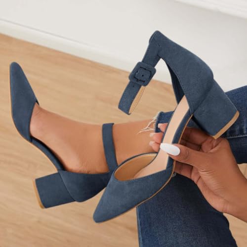 LAICIGO Women's Pointed Toe Pumps with Ankle Strap & Buckle - Chunky Heel Dress Shoes