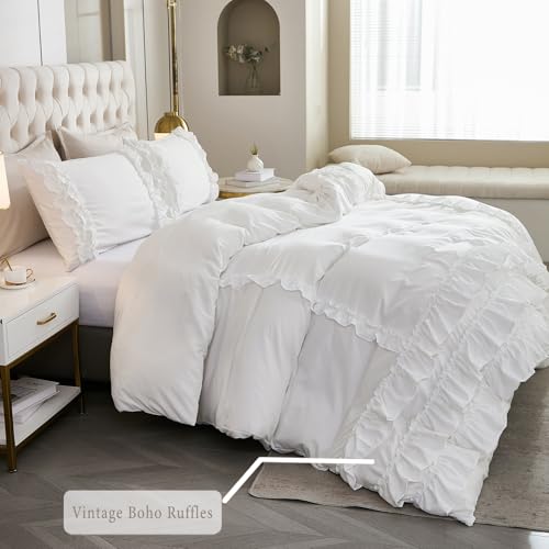 Herside White Queen Comforter Set with Ruffle Design - All Season 3-Piece Bedding