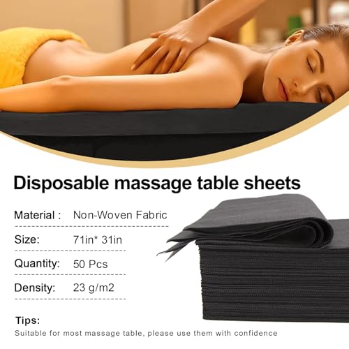 50 Count Disposable Massage Table Sheets, Disposable Bed Sheets fot Massage Table, Disposable Bed Covers for Lash Bed, Tattoo, Spa, Esthetician, 31 * 71 inches (Black)