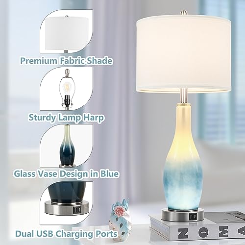 BesLowe 26’’ Tall Glass Table Lamps Set of 2 - Coastal White & Light Blue with USB & Nightlight
