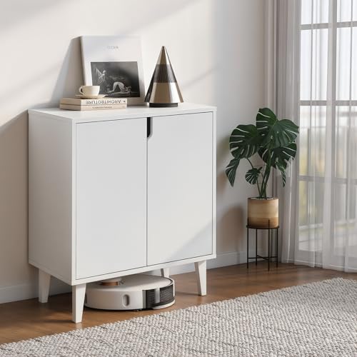 White Farmhouse Coffee Bar Cabinet with Soft-Close Doors - Kitchen Storage Sideboard