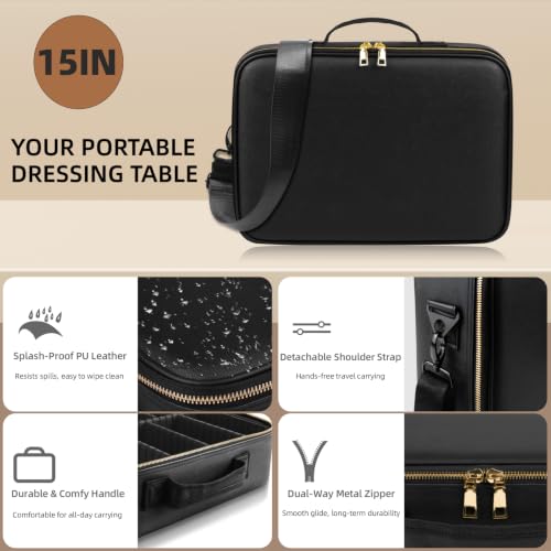 JJhxr Black 15'' Large Capacity Makeup Bag with LED Mirror & Adjustable Brightness