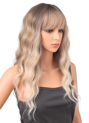 22 Inch Ash Blonde Wavy Wig with Bangs - Synthetic Heat-Resistant Hairpiece for Women