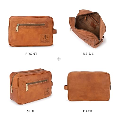 BERLINER BAGS Vintage Genuine Leather Toiletry Bag Paul, Large Capacity Cosmetics Bag for Men and Women for Travel - Brown (1 Compartment)