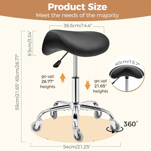 BEWISHOME Ergonomic Rolling Saddle Stool, Height-Adjustable Rolling Swivel Saddle Stool Chair with Thickened Saddle Seat Padding, for Salons, Spas, Office, Black BMD02B