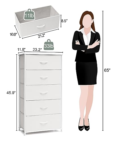 Tall Fabric Dresser with 5 Drawers - Wide White Vertical Storage Organizer