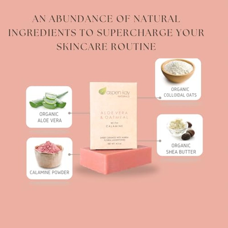 Aspen Kay Naturals Aloe Vera & Oatmeal Soap Bar with Calamine, Natural & Organic Ingredients - Organic Aloe Vera & Colloidal Oats. Face & Body - for Men, Women & Teens. Gentle Body Wash. 4.5 oz Bar