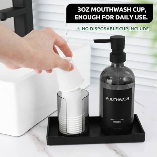 Mouthwash Dispenser for Bathroom, Glass Mouth Wash Pump Dispenser with Cup Holder, 17 Fl Oz Mouthwash Bottle Decanter with Tray, Refillable Mouthwash Dispenser Container (Clear Black)