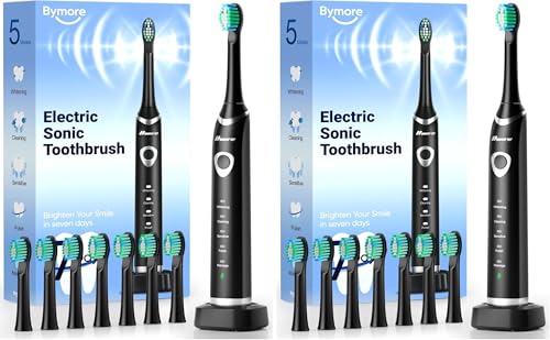 Bymore Black Electric Toothbrush for Adults - Pack of 2, Rechargeable Sonic Oral Care with 8 Brush Heads, 5 Modes & 330-Day Battery