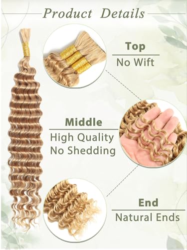 Honey Blonde Human Braiding Hair #27 16 Inch Deep Wave Bulk Bundles for Boho Braids