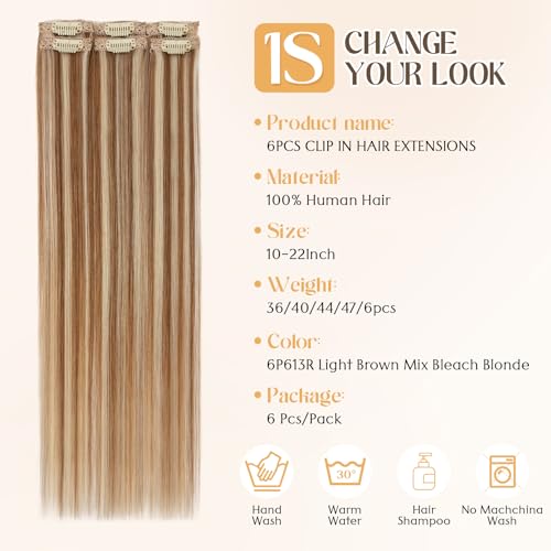 Clip in Human Hair Extensions 16 Inch Light Brown Mix Bleach Blonde 6Pcs
