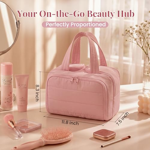 Travel Toiletry Bag Large Capacity with 4 Compartments Wet Dry Separation Pink - Lightweight & Spill-Proof