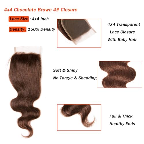4x4 Chocolate Brown Body Wave Lace Closure - 10 Inch Preplucked Virgin Human Hair