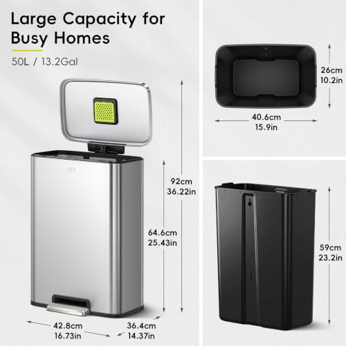 EKO Madison 50L Brushed Stainless Steel Step Trash Can with Soft Close Lid
