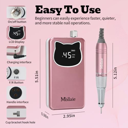Portable Electric Nail Drill 45000RPM Cordless Manicure & Pedicure Kit Rose Pink