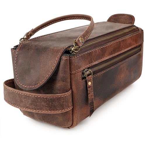 Large Dark Brown Handmade Leather Toiletry Bag for Men & Women - Travel Organizer & Dopp Kit
