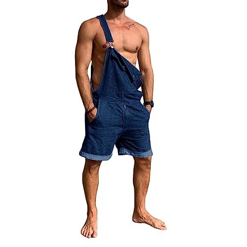 Karlywindow Mens Denim Bib Overall Shorts Loose Fit Summer Walk Shorts Above Knee Length Shortalls Jumpsuit Rompers