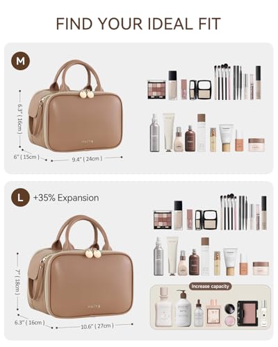 Prite Brown Large Travel Makeup Bag with Standing Brush Holder – Waterproof Cosmetic Organizer