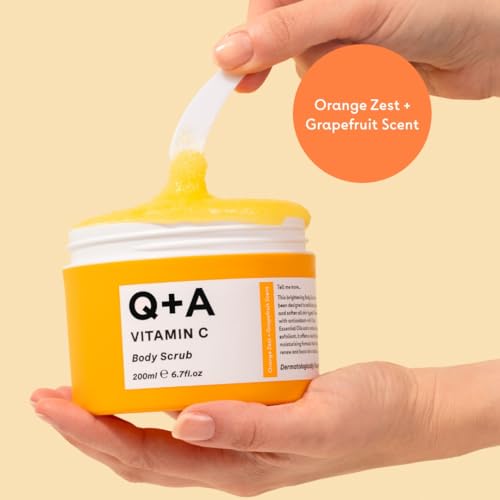 Q+A Vitamin C Body Scrub (200ml), Exfoliating Body Scrub, Brightening and Hydrating Sugar Scrub with Citrus Essential Oils, Vitamin C and Evening Primrose Oil