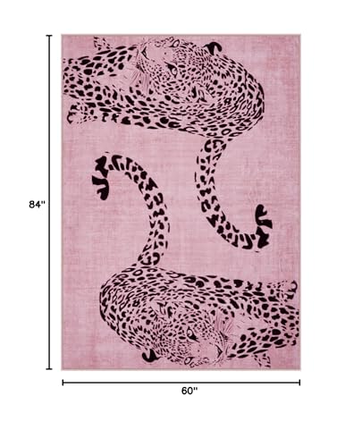 OJIA Pink Leopard Print 5x7 Washable Area Rug for Living Room, Soft & Non-Slip