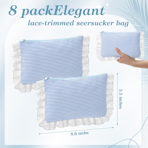 Seersucker Cosmetic Bag for Women - Light Blue 8 Pcs Set with Lace Trim - Travel & Makeup Organizer