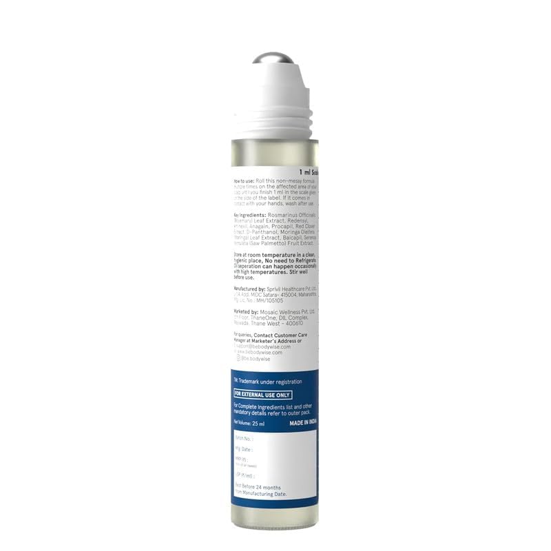 Be Bodywise Rosemary Hair Growth Serum Roll On 25 ml – 3% Rosemary, 3% Redensyl & 2% Anagain | DHT-Blocking Scalp Serum Boosts Oxygen Flow, Reduces Hair Fall | Paraben/Sulfate-Free | Women & Men