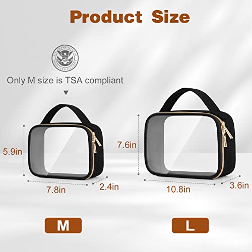 Black 3 Pack Clear Toiletry & Makeup Bags with Handles - Large & Medium Sizes, Waterproof PVC Travel Organizer