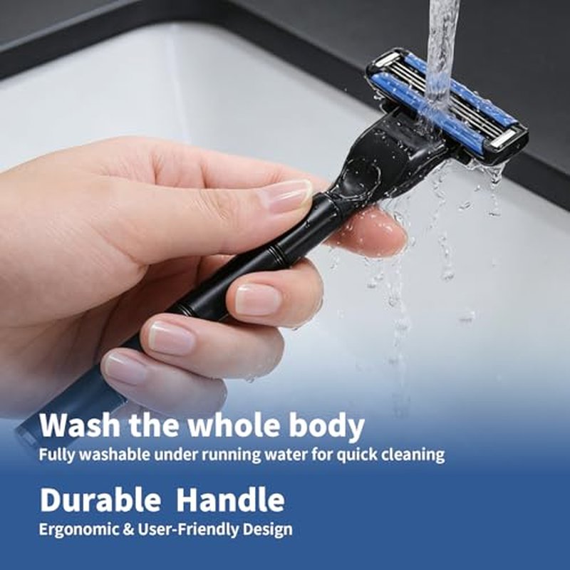 3-Blade Men Razor with Lubricating Strip & Pivoting Head - Safety Razor Blades Kit Includes 2 Handles, 8 Razor Blade Refills, Wall Hook & Cleaning Brush
