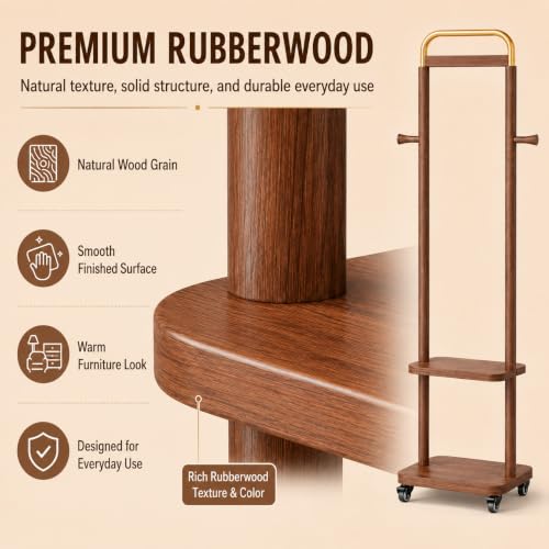 Wooden Coat Rack with Shelves and Rollers - Walnut Finish