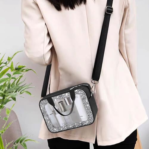 Meetart Diamond Black Clear Makeup Bag with Detachable Shoulder Strap - Travel Toiletry Organizer