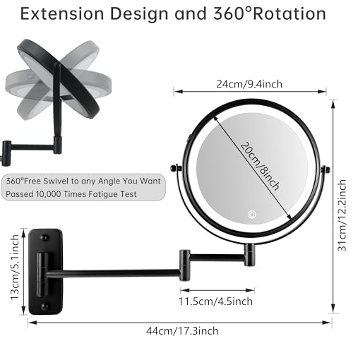 JANEEVA 8" Wall Mounted Lighted Makeup Mirror,Rechargeable Double Sided 1X/10X Magnifying Mirror with 3 Color Lights,Touch Dimmable Bathroom Vanity Mirror with 360¡ÆSwivel Extendable Arm Matte Black