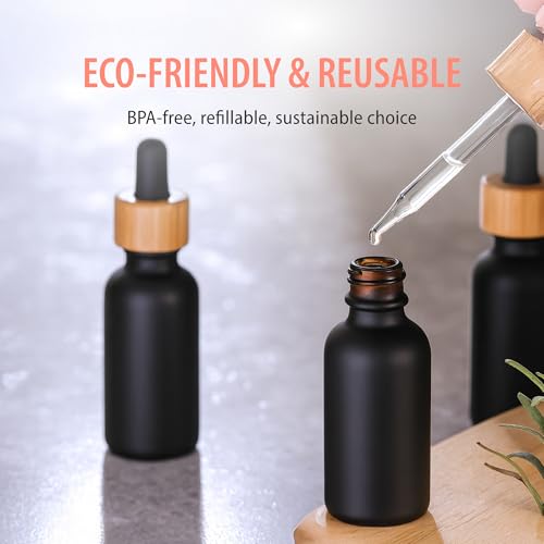 Black Boston Round Dropper Bottles - 1 oz Reusable Glass with Bamboo Cap - 24 Pack