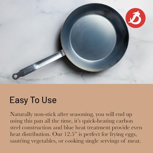 12.5-Inch Blue Carbon Steel Fry Pan - Oven Safe, Naturally Non-Stick, Made in France