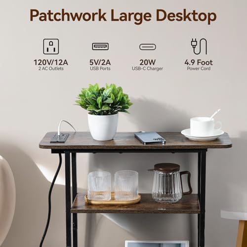 Narrow End Table with USB-C Charging Station - 3-Tier Slim Side Table - USB-C Model