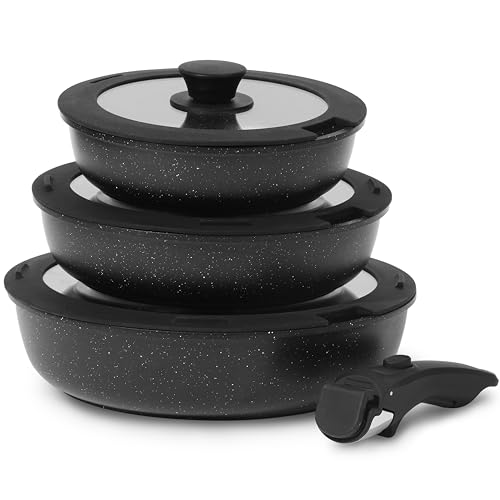 ESLITE LIFE 7-Piece Nonstick Skillet Set with Detachable Handles - Black, 8/9.5/11 Inch