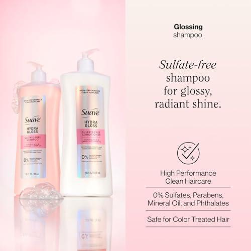 Suave Hydra Gloss Sulfate Free Shampoo with Glycolic Acid & Camellia Flower Oil for Hydrated, Smooth, Glossy Shine, 4 Count, 28 FL OZ
