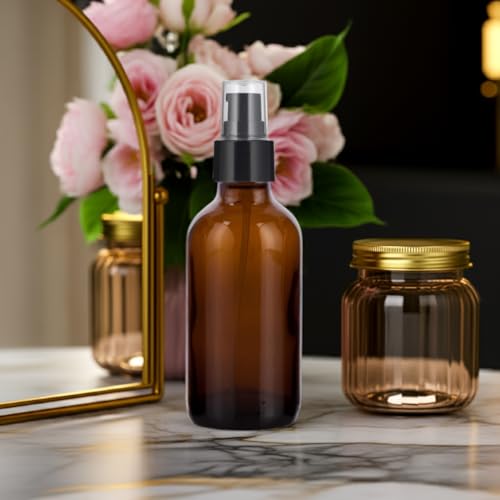 JUVITUS 4 oz Amber Glass Boston Round Bottle with Black Treatment Pump (6 pack) + Funnel