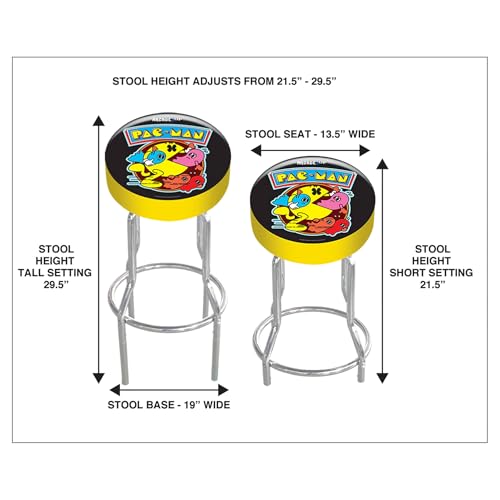Modern Pac-Man Arcade Game Stool - Adjustable Padded Seat, Steel Frame, Chrome Finish, Leg Extenders, Home Use