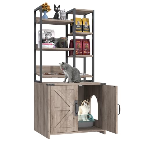 Grey Cat Litter Box Enclosure with 4 Shelves & Doors, Fits Most Sizes
