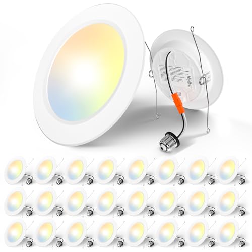 Amico 6 Inch Recessed LED Can Lights 5/6 Inch, 24 Pack, 5 CCT Flat Lights, White