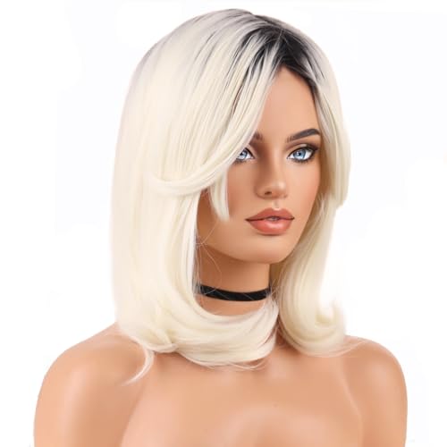 Ombre Blonde Short Bob Wig for Women - Layered Synthetic Cosplay Hair, Adjustable Cap Included