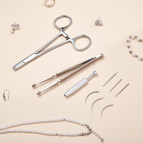 3mm Stainless Steel Piercing Ball Grabber Tool for Jewelry Changes - Straight & Curved Needles