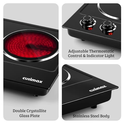 CUSIMAX Double Burner Electric Hot Plate 1800W Ceramic Cooktop Black