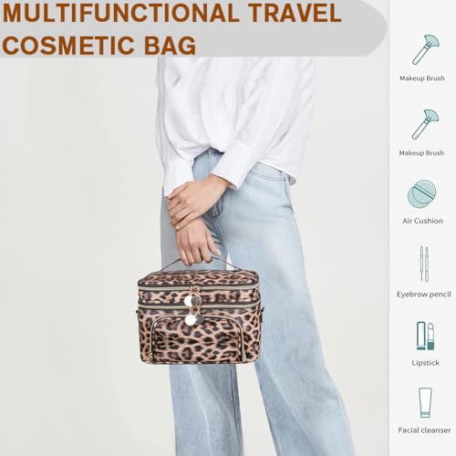FITINI Double Layer Travel Makeup Bag - Waterproof Cosmetic Organizer with Shoulder Strap, Extra Large Brown Leopard