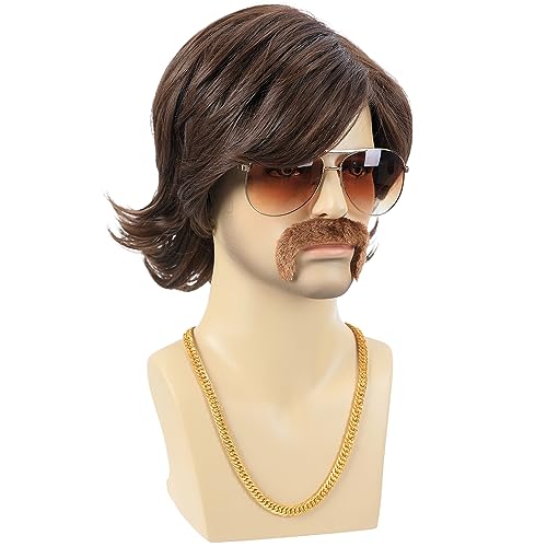 70s Disco Costume Wig for Men - Brown Shaggy Retro Hair with Mustache & Glasses - Halloween Party Cosplay