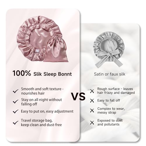 Kaome Pink 100% Mulberry Silk Sleep Bonnet for Women, Large Double Layer