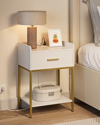 Masupu White Nightstand with Charging Station, 3-Tier Bedside Table with Drawer & Shelf